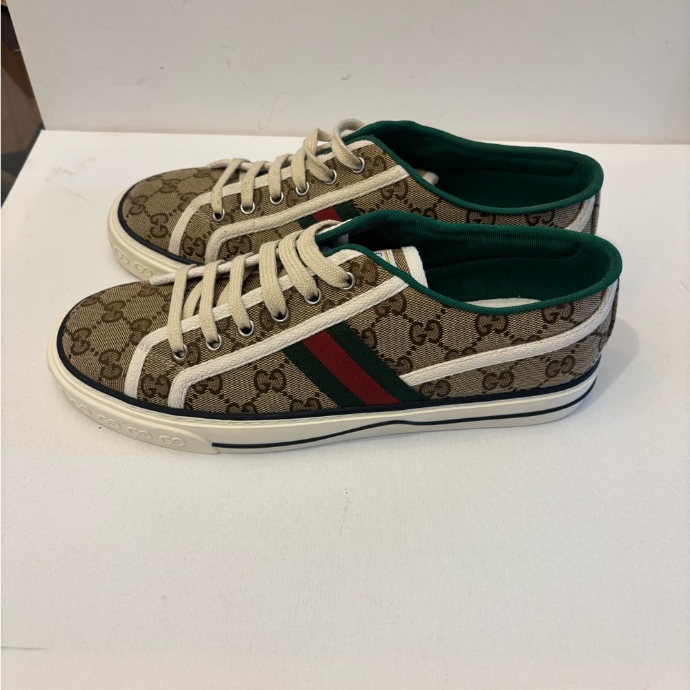 Gucci Beige and Green Logo Sneakers plateform - Picture 3 of 11